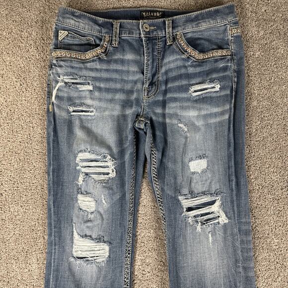 Salvage Jeans Mens 36x30 Mayhem Bootcut Distressed Rope Stitch Whiskered Denim - Picture 3 of 11